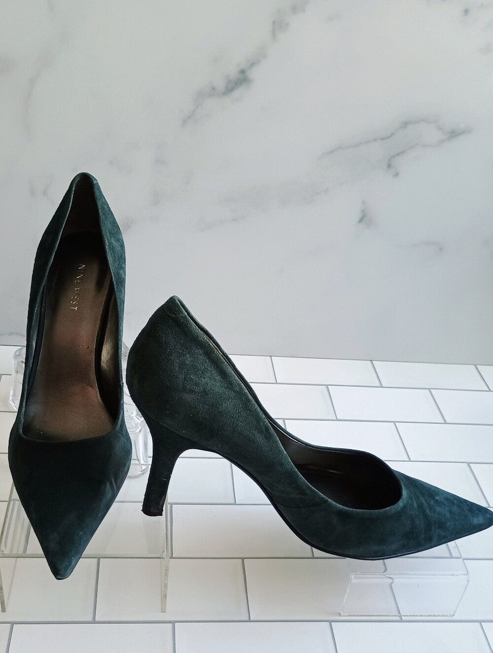Nine West Dark Green Suede Pointed-Toe Heels